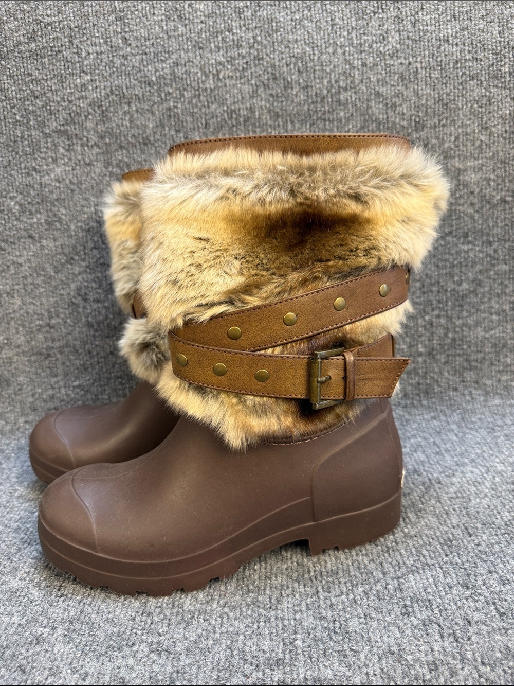 Dirty Laundry Brown Faux Fur Cuffed Rain Boots with Buckle Size 7 NEW!